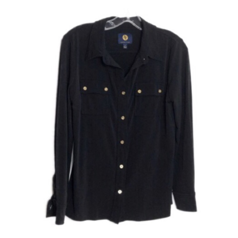 Adrienne Vittadini Black Slinky Button Shirt S